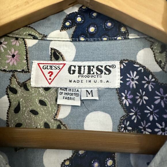 Vintage GUESS Shirt Blue Fish Floral All Over Print Button Up Cotton USA - Picture 8 of 11